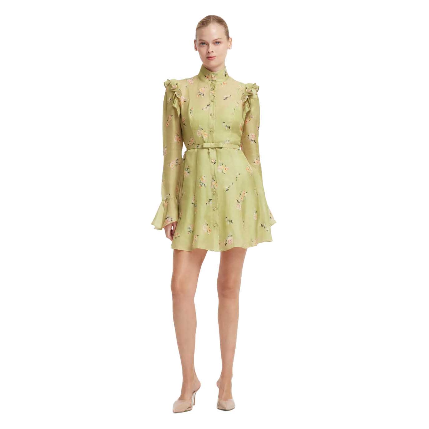 LEO LIN Kristy Butterfly Sleeve Mini Dress - Pistachio Rose Print